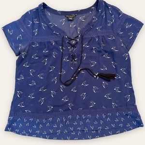 ADDITION ELLE - Short Sleeve Semi-Sheer Navy Blue Bird Print Blouse Top